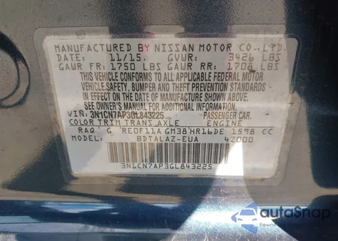 2016 Nissan Versa 1.6 S+ z USA, uszkodzony, nr VIN 3N1CN7AP3GL843225